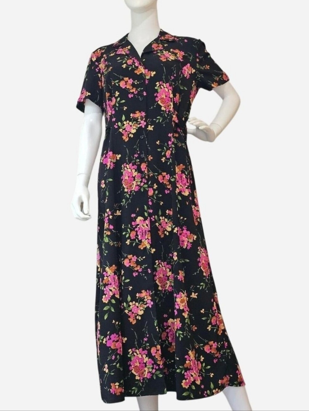 Vintage MISS DORBY Black‎ Floral Button-Front Maxi Dress. Size 8